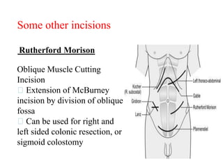 Rutherford Morison
Oblique Muscle Cutting
Incision
Extension of McBurney
incision by division of oblique
fossa
Can be used for right and
left sided colonic resection, or
sigmoid colostomy
Some other incisions
 