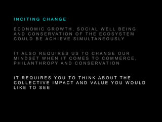 I N C I T I N G C H A N G E
E C O N O M I C G R O W T H , S O C I A L W E L L B E I N G
A N D C O N S E R V A T I O N O F T H E E C O S Y S T E M
C O U L D B E A C H I E V E S I M U L T A N E O U S L Y
I T A L S O R E Q U I R E S U S T O C H A N G E O U R
M I N D S E T W H E N I T C O M E S T O C O M M E R C E ,
P H I L A N T H R O P Y A N D C O N S E R V A T I O N
I T R E Q U I R E S Y O U T O T H I N K A B O U T T H E
C O L L E C T I V E I M P A C T A N D V A L U E Y O U W O U L D
L I K E T O S E E
 
