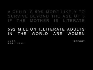 A C H I L D I S 5 0 % M O R E L I K E LY T O
S U R V I V E B E Y O N D T H E A G E O F 5
I F T H E M O T H E R I S L I T E R AT E
5 9 2 M I L L I O N I L L I T E R AT E A D U LT S
I N T H E W O R L D A R E W O M E N
U N D P R E P O R T
A P R I L 2 0 1 2
 