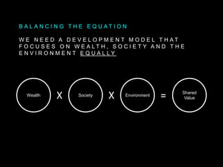 B A L A N C I N G T H E E Q U A T I O N
W E N E E D A D E V E L O P M E N T M O D E L T H A T
F O C U S E S O N W E A L T H , S O C I E T Y A N D T H E
E N V I R O N M E N T E Q U A L L Y
Wealth Society EnvironmentX X Shared
Value=
 