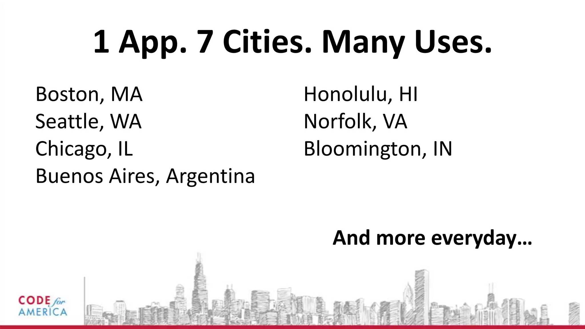 1 App. 7 Cities. Many Uses.
Boston, MA                Honolulu, HI
Seattle, WA               Norfolk, VA
Chicago, IL               Bloomington, IN
Buenos Aires, Argentina

                            And more everyday…
 