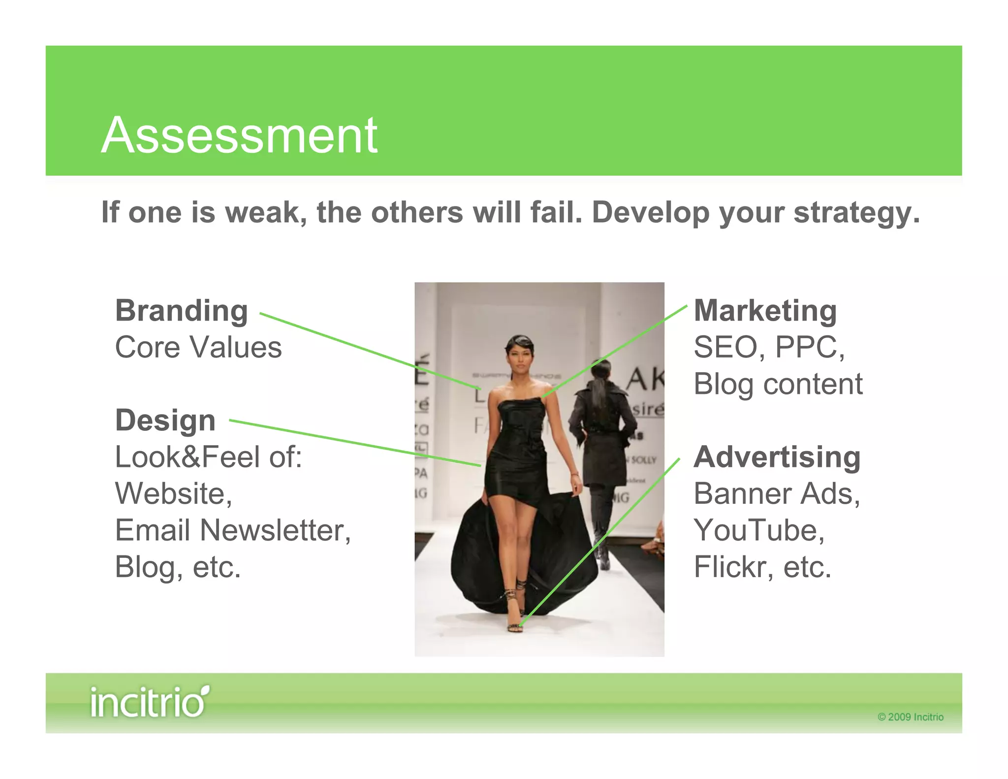 Assessment
If one is weak, the others will fail. Develop your strategy.


 Branding                                  Marketing
 Core Values                               SEO, PPC,
                                           Blog content
 Design
 Look&Feel of:                             Advertising
 Website,                                  Banner Ads,
 Email Newsletter,                         YouTube,
 Blog, etc.                                Flickr, etc.
 