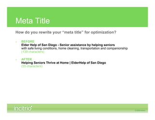Meta Title
How do you rewrite your “meta title” for optimization?

»   BEFORE
    Elder Help of San Diego - Senior assistance by helping seniors
    with safe living conditions, home cleaning, transportation and companionship
    (139 characters)

»   AFTER
    Helping Seniors Thrive at Home | ElderHelp of San Diego
    (55 characters)
 