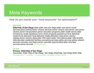 Meta Keywords
How do you rewrite your “meta keywords” for optimization?

»   BEFORE
    Elderhelp of San Diego,elder,elder care san diego,elder care,senior social
    services,senior,elderly,senior citizens services,senior citizens care,senior care,senior
    citizens,senior transportation,senior education programs,elder health advice,elder
    homeowner,rental assistance,home share,shopping assistance,home delivered
    meals,home delivered meal,delivered meals,delivered meal,senior citizens
    classes,senior citizens class,elder information,elder informations,elder referral,elder
    referrals,elder residential facilities,counseling services,safety services,safety network
    services,volunteer,volunteers,senior volunteer opportunities,elder volunteer
    services,senior services (36 keywords)

»   AFTER
    Primary: ElderHelp of San Diego
    Secondary: Elder Help of San Diego, San Diego ElderHelp, San Diego Elder Help
    (4 keywords = 1 primary + 3 secondary, variations of first word)
 