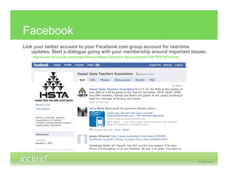 Facebook
Link your twitter account to your Facebook.com group account for real-time
    updates. Start a dialogue going with your membership around important issues.
    http://www.facebook.com/pages/Hawaii-State-Teachers-Association/81397783339?ref=ts
 