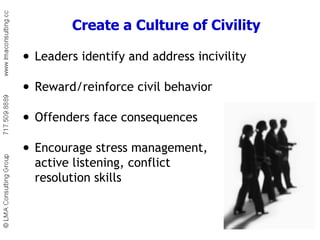 Create a Culture of Civility Leaders identify and address incivility Reward/reinforce civil behavior Offenders face consequences Encourage stress management,  active listening, conflict  resolution skills 