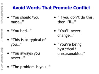 Avoid Words That Promote Conflict “ You should/you must…” “ You lied…” “ This is so typical of you…” “ You always/you never…” “ The problem is you…” “ If you don’t do this, then I’ll…” “ You’ll never change…” “ You’re being hysterical/ unreasonable…” 