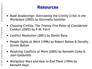 Resources Rude Awakenings: Overcoming the Civility Crisis in the Workplace  (2002) by Giovinella Gonthier Choosing Civility: The Twenty-Five Rules of Considerate Conduct  (2002) by P.M. Forni Conflict Resolution  (2001) by Daniel Dana People Styles at Work  (1996) by Robert Bolton & Dorothy Grover Bolton Resolving Conflicts at Work  (2005) by Kenneth Cloke & Joan Goldsmith Workplace Wars and How to End Them  (1994) by Kenneth Kaye 
