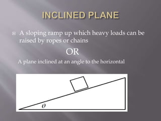  A sloping ramp up which heavy loads can be
raised by ropes or chains
OR
A plane inclined at an angle to the horizontal
 