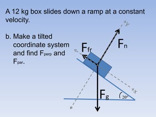 A 12 kg box slides down a ramp at a constant velocity.b. Make a tilted    coordinate system   and find Fperp andFpar. +yFnFfrFg+x 20
