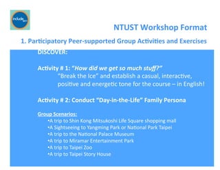 Ricardo Gomes, Professor and Chair, Design and Industry Department
	
  	
  	
  	
  	
  	
  	
  NTUST	
  Workshop	
  Format	
  
DISCOVER:	
  
Ac;vity	
  #	
  1:	
  “How	
  did	
  we	
  get	
  so	
  much	
  stuﬀ?”	
  
	
  “Break	
  the	
  Ice”	
  and	
  establish	
  a	
  casual,	
  interacGve,	
  	
  
	
  posiGve	
  and	
  energeGc	
  tone	
  for	
  the	
  course	
  –	
  in	
  English!	
  	
  
Ac;vity	
  #	
  2:	
  Conduct	
  “Day-­‐in-­‐the-­‐Life”	
  Family	
  Persona	
  
Group	
  Scenarios:	
  
• A	
  trip	
  to	
  Shin	
  Kong	
  Mitsukoshi	
  Life	
  Square	
  shopping	
  mall	
  	
  
• A	
  Sightseeing	
  to	
  Yangming	
  Park	
  or	
  NaGonal	
  Park	
  Taipei	
  	
  
• A	
  trip	
  to	
  the	
  NaGonal	
  Palace	
  Museum	
  	
  
• A	
  trip	
  to	
  Miramar	
  Entertainment	
  Park	
  
• A	
  trip	
  to	
  Taipei	
  Zoo	
  	
  
• A	
  trip	
  to	
  Taipei	
  Story	
  House	
  
	
  	
  	
  	
  	
  	
  	
  1.	
  Par;cipatory	
  Peer-­‐supported	
  Group	
  Ac;vi;es	
  and	
  Exercises	
  
 