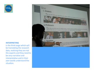 Ricardo Gomes, Professor and Chair, Design and Industry Department
INTERPRETING	
  	
  
is	
  the	
  third	
  stage	
  which	
  will	
  	
  
be	
  translaGng	
  the	
  research	
  
data,	
  realizing	
  they	
  are	
  not	
  	
  
the	
  experts	
  and	
  they	
  need	
  to	
  
be	
  very	
  narraGve	
  and	
  
interpretaGve	
  and	
  in	
  their	
  	
  
own	
  words	
  understand	
  the	
  
situaGon.	
  
For pictures
 
