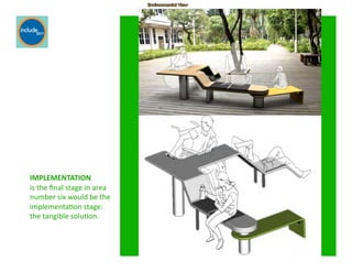 Ricardo Gomes, Professor and Chair, Design and Industry Department
IMPLEMENTATION	
  	
  
is	
  the	
  ﬁnal	
  stage	
  in	
  area	
  
number	
  six	
  would	
  be	
  the	
  
implementaGon	
  stage:	
  	
  
the	
  tangible	
  soluGon.	
  	
  
 