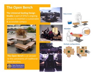 Ricardo Gomes, Professor and Chair, Design and Industry Department
Tex
The	
  Open	
  Bench	
  	
  
The	
  Universal	
  Sea;ng	
  Design	
  
Studio	
  is	
  part	
  of	
  SFSU’s	
  ongoing	
  
process	
  to	
  maintain	
  a	
  sustainable	
  
&	
  accessible	
  campus	
  
The	
  Open	
  Bench	
  is	
  an	
  answer	
  
to	
  the	
  constraints	
  of	
  tradiGonal	
  
ﬁxed	
  benches.	
  
 
