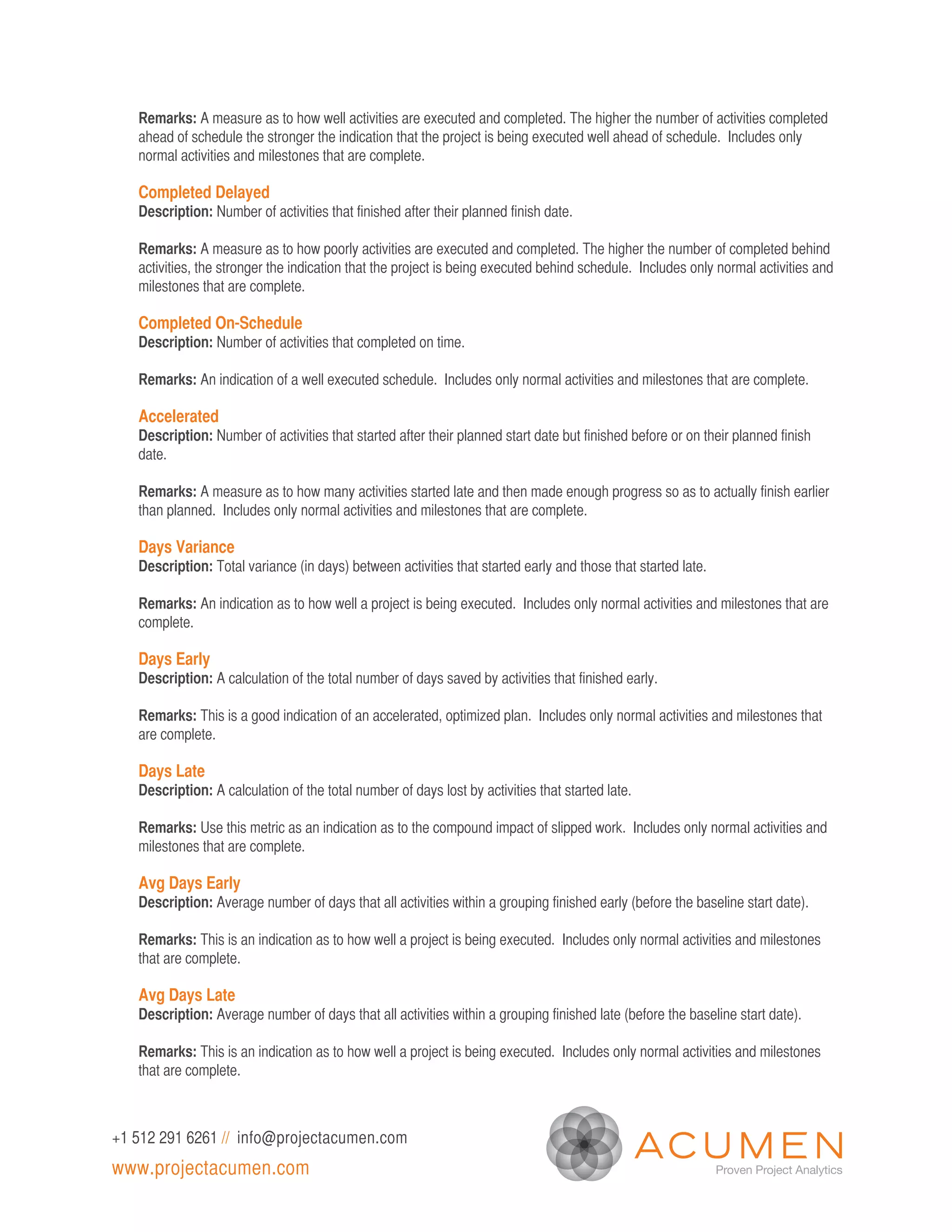 Remarks: A measure as to how well activities are executed and completed. The higher the number of activities completed
   ahead of schedule the stronger the indication that the project is being executed well ahead of schedule. Includes only
   normal activities and milestones that are complete.

   Completed Delayed
   Description: Number of activities that finished after their planned finish date.

   Remarks: A measure as to how poorly activities are executed and completed. The higher the number of completed behind
   activities, the stronger the indication that the project is being executed behind schedule. Includes only normal activities and
   milestones that are complete.

   Completed On-Schedule
   Description: Number of activities that completed on time.

   Remarks: An indication of a well executed schedule. Includes only normal activities and milestones that are complete.

   Accelerated
   Description: Number of activities that started after their planned start date but finished before or on their planned finish
   date.

   Remarks: A measure as to how many activities started late and then made enough progress so as to actually finish earlier
   than planned. Includes only normal activities and milestones that are complete.

   Days Variance
   Description: Total variance (in days) between activities that started early and those that started late.

   Remarks: An indication as to how well a project is being executed. Includes only normal activities and milestones that are
   complete.

   Days Early
   Description: A calculation of the total number of days saved by activities that finished early.

   Remarks: This is a good indication of an accelerated, optimized plan. Includes only normal activities and milestones that
   are complete.

   Days Late
   Description: A calculation of the total number of days lost by activities that started late.

   Remarks: Use this metric as an indication as to the compound impact of slipped work. Includes only normal activities and
   milestones that are complete.

   Avg Days Early
   Description: Average number of days that all activities within a grouping finished early (before the baseline start date).

   Remarks: This is an indication as to how well a project is being executed. Includes only normal activities and milestones
   that are complete.

   Avg Days Late
   Description: Average number of days that all activities within a grouping finished late (before the baseline start date).

   Remarks: This is an indication as to how well a project is being executed. Includes only normal activities and milestones
   that are complete.



+1 512 291 6261 // info@projectacumen.com
www.projectacumen.com
 