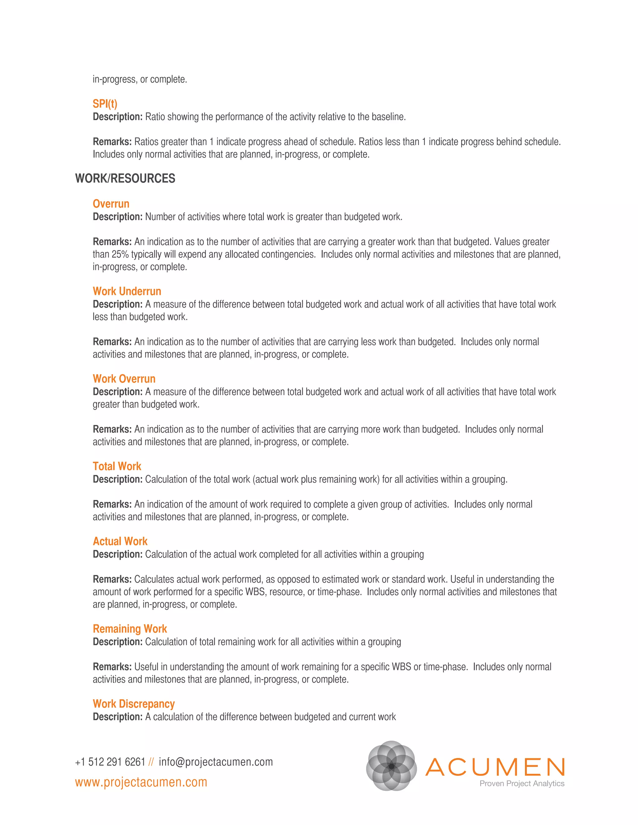 in-progress, or complete.

   SPI(t)
   Description: Ratio showing the performance of the activity relative to the baseline.

   Remarks: Ratios greater than 1 indicate progress ahead of schedule. Ratios less than 1 indicate progress behind schedule.
   Includes only normal activities that are planned, in-progress, or complete.

WORK/RESOURCES

   Overrun
   Description: Number of activities where total work is greater than budgeted work.

   Remarks: An indication as to the number of activities that are carrying a greater work than that budgeted. Values greater
   than 25% typically will expend any allocated contingencies. Includes only normal activities and milestones that are planned,
   in-progress, or complete.

   Work Underrun
   Description: A measure of the difference between total budgeted work and actual work of all activities that have total work
   less than budgeted work.

   Remarks: An indication as to the number of activities that are carrying less work than budgeted. Includes only normal
   activities and milestones that are planned, in-progress, or complete.

   Work Overrun	
   Description: A measure of the difference between total budgeted work and actual work of all activities that have total work
   greater than budgeted work.

   Remarks: An indication as to the number of activities that are carrying more work than budgeted. Includes only normal
   activities and milestones that are planned, in-progress, or complete.

   Total Work
   Description: Calculation of the total work (actual work plus remaining work) for all activities within a grouping.

   Remarks: An indication of the amount of work required to complete a given group of activities. Includes only normal
   activities and milestones that are planned, in-progress, or complete.

   Actual Work
   Description: Calculation of the actual work completed for all activities within a grouping

   Remarks: Calculates actual work performed, as opposed to estimated work or standard work. Useful in understanding the
   amount of work performed for a specific WBS, resource, or time-phase. Includes only normal activities and milestones that
   are planned, in-progress, or complete.

   Remaining Work
   Description: Calculation of total remaining work for all activities within a grouping

   Remarks: Useful in understanding the amount of work remaining for a specific WBS or time-phase. Includes only normal
   activities and milestones that are planned, in-progress, or complete.

   Work Discrepancy
   Description: A calculation of the difference between budgeted and current work



+1 512 291 6261 // info@projectacumen.com
www.projectacumen.com
 