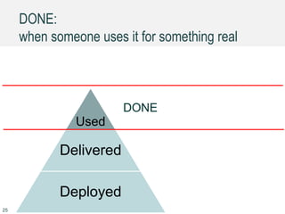 DONE:
when someone uses it for something real
Used
Delivered
Deployed
DONE
25
 