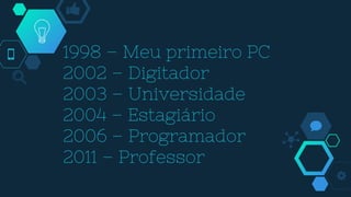 1998 – Meu primeiro PC
2002 – Digitador
2003 – Universidade
2004 – Estagiário
2006 – Programador
2011 – Professor
 