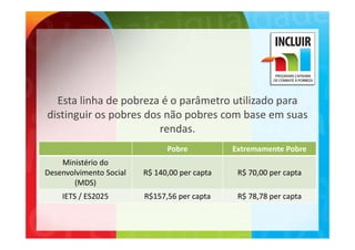 Esta linha de pobreza é o parâmetro utilizado para 
       li h d     b      é     â        ili d
distinguir os pobres dos não pobres com base em suas 
                        rendas. 
                           d
                                Pobre           Extremamente Pobre
    Ministério do 
Desenvolvimento Social    R$ 140,00 per capta    R$ 70,00 per capta
       (MDS)
    IETS / ES2025         R$157,56 per capta     R$ 78,78 per capta
 