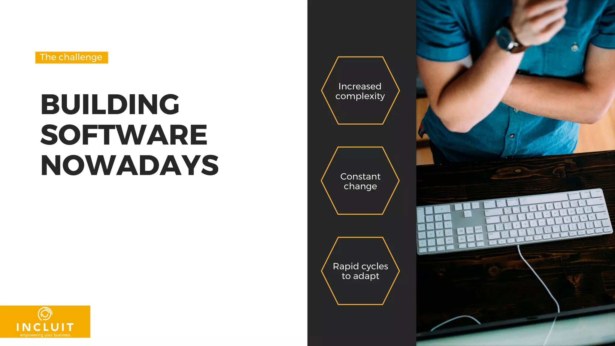 BUILDING
SOFTWARE
NOWADAYS
The challenge
Increased
complexity
Constant
change
Rapid cycles
to adapt
 