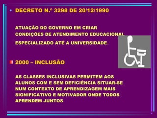 • DECRETO N.º 3298 DE 20/12/1990
ATUAÇÃO DO GOVERNO EM CRIAR
CONDIÇÕES DE ATENDIMENTO EDUCACIONAL
ESPECIALIZADO ATÉ A UNIVERSIDADE.
2000 – INCLUSÃO
AS CLASSES INCLUSIVAS PERMITEM AOS
ALUNOS COM E SEM DEFICIÊNCIA SITUAR-SE
NUM CONTEXTO DE APRENDIZAGEM MAIS
SIGNIFICATIVO E MOTIVADOR ONDE TODOS
APRENDEM JUNTOS
 