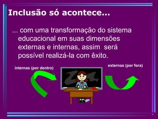Inclusão só acontece...
... com uma transformação do sistema
educacional em suas dimensões
externas e internas, assim será
possível realizá-la com êxito.
externas (por fora)
internas (por dentro)
 