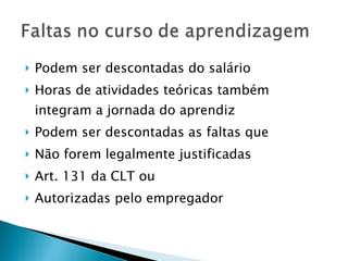 Podem ser descontadas do salário Horas de atividades teóricas também integram a jornada do aprendiz Podem ser descontadas as faltas que  Não forem legalmente justificadas  Art. 131 da CLT ou Autorizadas pelo empregador 