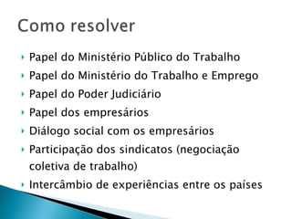 Papel do Ministério Público do Trabalho Papel do Ministério do Trabalho e Emprego Papel do Poder Judiciário Papel dos empresários Diálogo social com os empresários Participação dos sindicatos (negociação coletiva de trabalho) Intercâmbio de experiências entre os países 