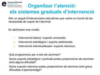Organitzar l’atenció:
els sistemes graduals d’intervenció
Són un seguit d’intervencions educatives que varien en funció de les
necessitats de suport de l’alumnat.
Es defineixen tres nivells:
1) Intervenció bàsica i suports universals.
2) Intervenció estratègica i suports addicionals.
3) Intervenció individualitzada i suports intensius.
Què programareu per a tots els alumnes?
Quins suports estratègics i puntuals podeu proporcionar als alumnes
amb alguna dificultat?
Quins suports intensius podeu proporcionar als alumnes amb greus
dificultats d’aprenentatge?
 