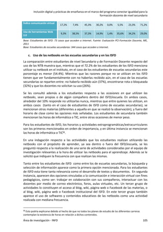 Inclusión digital y prácticas de enseñanza en el marco del programa conectar igualdad para la
formación docente de nivel secundario
Área de investigación - INFD 105
Índice comunicación virtual
17,2% 7,4% 45,3% 30,2% 0,0% 5,5% 23,3% 71,2%
Uso de herramientas Web
2.0
9,3% 38,5% 37,3% 14,9% 1,4% 35,6% 34,2% 29,0%
Base: Estudiantes de ISFD: 73 casos que acceden a Internet. Fuente: Evaluación PCI-Formación Docente, ME,
2011
Base: Estudiantes de escuelas secundarias: 344 casos que acceden a Internet.
c. Uso de las netbooks en las escuelas secundarias y en los ISFD
La comparación entre estudiantes de nivel Secundario y de Formación Docente respecto del
uso de las NTB muestra que, mientras que el 72.2% de los estudiantes de los ISFD menciona
utilizar su netbook en el instituto, en el caso de los estudiantes de escuelas secundarias este
porcentaje es menor (54.4%). Mientras que las razones porque no se utilizan en los ISFD
tienen que ver fundamentalmente con no haberlas recibido aún, en el caso de las escuelas
secundarias se reparten entre: no haberla recibido aún (37%), encontrarse rota o bloqueada
(32%) y que los docentes no solicitan su uso (26%).
Se les consultó además a los estudiantes respecto a las ocasiones en que utilizan las
netbooks, sean propias o de algún compañero dentro del ISFD/escuela. En ambos casos,
alrededor del 10% responde no utilizarlas nunca, mientras que entre quienes las utilizan, en
ambos casos (tanto en el caso de estudiantes de ISFD como de escuelas secundarias), se
mencionan otras materias (diferentes a aquella en que se realizó la observación), y fuera del
horario de clase como las opciones más señaladas. Los estudiantes de secundaria también
mencionan las horas de informática o TIC, entre otras ocasiones de menor peso.
Para los estudiantes de ISFD, los horarios y actividades extraprogramáticas/extracurriculares
son los primeros mencionados en orden de importancia, y en última instancia se mencionan
las horas de informática o TIC54.
En una indagación respecto a las actividades que los estudiantes realizan utilizando las
netbooks con el propósito de aprender, ya sea dentro o fuera del ISFD/escuela, se les
preguntó respecto a la realización de una serie de actividades consideradas por el equipo de
investigación relevantes a la hora de utilizar las netbooks para el aprendizaje. Además se le
solicitó que indiquen la frecuencia con que realizan las mismas.
Tanto entre los estudiantes de ISFD como entre los de escuelas secundarias, la búsqueda y
selección de información aparece como la primera opción mencionada. Para los estudiantes
de ISFD esta tiene tanta relevancia como el desarrollo de textos y documentos. En segunda
instancia, aparecen dos opciones vinculadas a la comunicación e interacción virtual con fines
pedagógicos, como ser: trabajar en colaboración con sus compañeros, interactuar con los
docentes por medio de correo electrónico, foros, aulas virtuales, etc. Un tercer grupo de
actividades lo constituyen el acceso al blog, wiki, página web o Facebook de las materias, o
al blog, wiki, página web o Facebook institucional del ISFD. En este tercer grupo también
aparece el uso de softwares y contenidos educativos de las netbooks como una actividad
realizada con mediana frecuencia.
54 Esto podría explicarse debido al hecho de que no todos los planes de estudio de las diferentes carreras
contemplan la existencia de horas en relación a dichos contenidos.
 