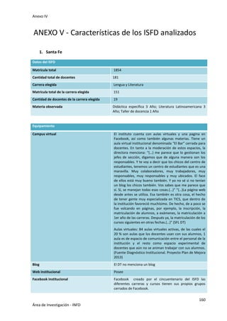 Anexo IV
160
Área de Investigación - INFD
ANEXO V - Características de los ISFD analizados
1. Santa Fe
Datos del ISFD
Matrícula total 1854
Cantidad total de docentes 181
Carrera elegida Lengua y Literatura
Matrícula total de la carrera elegida 151
Cantidad de docentes de la carrera elegida 19
Materia observada Didáctica específica 3 Año; Literatura Latinoamericana 3
Año; Taller de docencia 1 Año
Equipamiento
Campus virtual El instituto cuenta con aulas virtuales y una pagina en
Facebook, así como también algunas materias. Tiene un
aula virtual institucional denominada “El Bar” cerrada para
docentes. En tanto a la moderación de estos espacios, la
directora menciona: “(…) me parece que lo gestionan los
jefes de sección, digamos que de alguna manera son los
responsables. Y te voy a decir que los chicos del centro de
estudiantes, tenemos un centro de estudiantes que es una
maravilla. Muy colaboradores, muy trabajadores, muy
responsables, muy responsables y muy ubicados. El face
de ellos está muy bueno también. Y yo no sé si no tenían
un blog los chicos también. Vos sabes que me parece que
sí. Sí, se manejan todas esas cosas.(…)” “(…)La página web
desde antes se utiliza. Esa también es otra cosa, el hecho
de tener gente muy especializada en TICS, que dentro de
la institución favoreció muchísimo. De hecho, de a poco se
fue volcando en páginas, por ejemplo, la inscripción, la
matriculación de alumnos, a exámenes, la matriculación a
1er año de las carreras. Después ya, la matriculación de los
cursos siguientes en otras fechas.(…)” (SFL DT)
Aulas virtuales: 84 aulas virtuales activas, de las cuales el
20 % son aulas que los docentes usan con sus alumnos, 1
aula es de espacio de comunicación entre el personal de la
institución y el resto como espacio experimental de
docentes que aún no se animan trabajar con sus alumnos.
(Fuente Diagnóstico Institucional. Proyecto Plan de Mejora
2013)
Blog El DT no menciona un blog
Web institucional Posee
Facebook institucional Facebook creado por el cincuentenario del ISFD las
diferentes carreras y cursos tienen sus propios grupos
cerrados de Facebook.
 