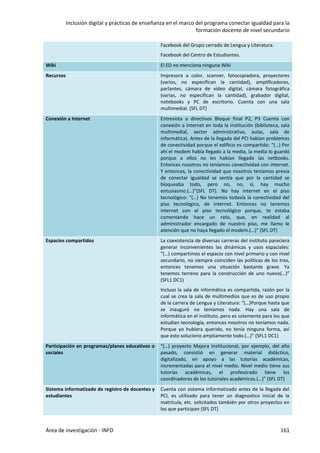 Inclusión digital y prácticas de enseñanza en el marco del programa conectar igualdad para la
formación docente de nivel secundario
Área de investigación - INFD 161
Facebook del Grupo cerrado de Lengua y Literatura.
Facebook del Centro de Estudiantes.
Wiki El ED no menciona ninguna Wiki
Recursos Impresora a color, scanner, fotocopiadora, proyectores
(varios, no especifican la cantidad), amplificadores,
parlantes, cámara de vídeo digital, cámara fotográfica
(varias, no especifican la cantidad), grabador digital,
notebooks y PC de escritorio. Cuenta con una sala
multimedial. (SFL DT)
Conexión a Internet Entrevista a directivos Bloque final P2, P3 Cuenta con
conexión a internet en toda la institución (biblioteca, sala
multimedial, sector administrativo, aulas, sala de
informática). Antes de la llegada del PCI habían problemas
de conectividad porque el edificio es compartido: “(…) Por
ahí el modem había llegado a la media, la media lo guardó
porque a ellos no les habían llegado las netbooks.
Entonces nosotros no teníamos conectividad con internet.
Y entonces, la conectividad que nosotros teníamos previa
de conectar igualdad se sentía que por la cantidad se
bloqueaba todo, pero no, no, sí, hay mucho
entusiasmo.(…)”(SFL DT). No hay internet en el piso
tecnológico: “(…) No tenemos todavía la conectividad del
piso tecnológico, de internet. Entonces no tenemos
internet con el piso tecnológico porque, te estaba
comentando hace un rato, que, en realidad al
administrador encargado de nuestro piso, me llamo le
atención que no haya llegado el modem.(…)” (SFL DT)
Espacios compartidos La coexistencia de diversas carreras del instituto pareciera
generar inconvenientes las dinámicas y usos espaciales:
“(…) compartimos el espacio con nivel primario y con nivel
secundario, no siempre coinciden las políticas de los tres,
entonces tenemos una situación bastante grave. Ya
tenemos terreno para la construcción de uno nuevo(…)”
(SFL1 DC1)
Incluso la sala de informática es compartida, razón por la
cual se crea la sala de multimedios que es de uso propio
de la carrera de Lengua y Literatura: “(…)Porque hasta que
se inauguró no teníamos nada. Hay una sala de
informática en el instituto, pero es solamente para los que
estudian tecnología, entonces nosotros no teníamos nada.
Porque yo hubiera querido, no tenía ninguna forma, así
que esto soluciono ampliamente todo.(…)” (SFL1 DC1)
Participación en programas/planes educativos o
sociales
“(…) proyecto Mejora Institucional, por ejemplo, del año
pasado, consistió en generar material didáctico,
digitalizado, en apoyo a las tutorías académicas,
incrementadas para el nivel medio. Nivel medio tiene sus
tutorías académicas, el profesorado tiene los
coordinadores de los tutoriales académicos.(…)” (SFL DT)
Sistema informatizado de registro de docentes y
estudiantes
Cuenta con sistema informatizado antes de la llegada del
PCI, es utilizado para tener un diagnostico inicial de la
matrícula, etc. solicitados también por otros proyectos en
los que participan (SFL DT)
 