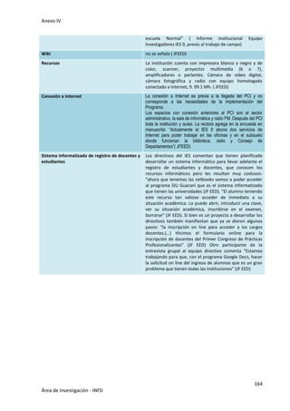 Anexo IV
164
Área de Investigación - INFD
escuela Normal” ( Informe institucional Equipo
Investigadores IES 9, previo al trabajo de campo)
Wiki no se señala ( JFEED)
Recursos La institución cuenta con impresora blanco y negro y de
color, scanner, proyector multimedia (6 o 7),
amplificadores o parlantes. Cámara de video digital,
cámara fotográfica y radio con equipo homologado
conectado a Internet, 9. 99.1 Mh. ( JFEED)
Conexión a Internet La conexión a Internet es previa a la llegada del PCI y no
corresponde a las necesidades de la implementación del
Programa
Los espacios con conexión anteriores al PCI son el sector
administrativo, la sala de informática y radio FM. Después del PCI
toda la institución y aulas. La rectora agrega en la encuesta en
manuscrita: “Actualmente el IES 9 abona dos servicios de
Internet para poder trabajar en las oficinas y en el subsuelo
donde funcionan la biblioteca, radio y Consejo de
Departamentos”( JFEED)
Sistema informatizado de registro de docentes y
estudiantes
Los directivos del IES comentan que tienen planificado
desarrollar un sistema informático para llevar adelante el
registro de estudiantes y docentes, que conocen los
recursos informáticos pero les resultan muy costosos:
“ahora que tenemos las netbooks vamos a poder acceder
al programa SIU Guaraní que es el sistema informatizado
que tienen las universidades (JF EED). “El alumno teniendo
este recurso tan valioso acceder de inmediato a su
situación académica. Lo puede abrir, introducir una clave,
ver su situación académica, inscribirse en el examen,
borrarse” (JF EED). Si bien es un proyecto a desarrollar los
directivos también manifiestan que ya se dieron algunos
pasos: “la inscripción on line para acceder a los cargos
docentes.(…) Hicimos el formulario online para la
inscripción de docentes del Primer Congreso de Prácticas
Profesionalizantes” (JF EED) Otro participante de la
entrevista grupal al equipo directivo comenta “Estamos
trabajando para que, con el programa Google Docs, hacer
la solicitud on line del ingreso de alumnos que es un gran
problema que tienen todas las instituciones” (JF EED)
 