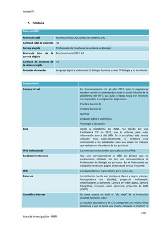 Anexo IV
170
Área de Investigación - INFD
5. Córdoba
Datos del ISFD
Matrícula total Matrícula inicial 2012 todas las carreras: 190
Cantidad total de docentes 30
Carrera elegida Profesorado de Enseñanza Secundaria en Biología
Matricula total de la
carrera elegida
Matrícula inicial 2012: 62
Cantidad de docentes de
la carrera elegida
16
Materias observadas Lenguaje digital y audiovisual // Biología humana y salud // Biología y su enseñanza
Equipamiento
Campus virtual En funcionamiento. En el año 2012, sólo 5 asignaturas
estaban usando o comenzando a usar las aulas virtuales de la
plataforma del INFD. Las aulas creadas hasta ese entonces
correspondían a las siguientes asignaturas:
Practica docente III
Practica docente IV
Química
Lenguaje digital y audiovisual
Psicología y Educación
Blog Desde la plataforma del INFD. Fue creado por una
Facilitadora TIC en 2010, que lo utilizaba para subir
información acerca del ISFD. En la actualidad está siendo
utilizado muy esporádicamente, la directora está
estimulando a los estudiantes para que suban los trabajos
que realizan en el contexto de sus prácticas.
Web Institucional Las noticias institucionales son subidas a esta Web
Facebook institucional Hay uno correspondiente al ISFD en general que es
escasamente utilizado. No hay uno correspondiente al
Profesorado de Biología en particular. En el Profesorado en
Geografía tienen una página en facebook de uso frecuente.
Wiki Las disponibles en la plataforma pero no en uso.
Recursos La institución cuenta con impresora blanco y negro, scanner,
fotocopiadora (en alquiler), proyector multimedia,
amplificadores o parlantes. Cámara de video digital, cámara
fotográfica, televisor, video cassetera, proyector de DVD
(CBDT)
Conexión a Internet Se tiene acceso en toda el “ala vieja” de la Institución
(cuando funciona) (CBDT)
La escuela secundaria y el ISFD comparten una misma línea
telefónica y por lo tanto una misma conexión a Internet (1
 