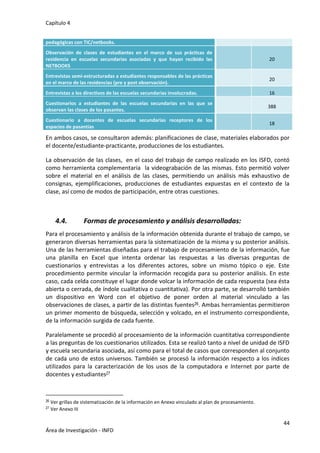 Capítulo 4
44
Área de Investigación - INFD
pedagógicas con TIC/netbooks.
Observación de clases de estudiantes en el marco de sus prácticas de
residencia en escuelas secundarias asociadas y que hayan recibido las
NETBOOKS
20
Entrevistas semi-estructuradas a estudiantes responsables de las prácticas
en el marco de las residencias (pre y post observación).
20
Entrevistas a los directivos de las escuelas secundarias involucradas. 16
Cuestionarios a estudiantes de las escuelas secundarias en las que se
observan las clases de los pasantes.
388
Cuestionario a docentes de escuelas secundarias receptores de los
espacios de pasantías
18
En ambos casos, se consultaron además: planificaciones de clase, materiales elaborados por
el docente/estudiante-practicante, producciones de los estudiantes.
La observación de las clases, en el caso del trabajo de campo realizado en los ISFD, contó
como herramienta complementaria la videograbación de las mismas. Esto permitió volver
sobre el material en el análisis de las clases, permitiendo un análisis más exhaustivo de
consignas, ejemplificaciones, producciones de estudiantes expuestas en el contexto de la
clase, así como de modos de participación, entre otras cuestiones.
4.4. Formas de procesamiento y análisis desarrolladas:
Para el procesamiento y análisis de la información obtenida durante el trabajo de campo, se
generaron diversas herramientas para la sistematización de la misma y su posterior análisis.
Una de las herramientas diseñadas para el trabajo de procesamiento de la información, fue
una planilla en Excel que intenta ordenar las respuestas a las diversas preguntas de
cuestionarios y entrevistas a los diferentes actores, sobre un mismo tópico o eje. Este
procedimiento permite vincular la información recogida para su posterior análisis. En este
caso, cada celda constituye el lugar donde volcar la información de cada respuesta (sea ésta
abierta o cerrada, de índole cualitativa o cuantitativa). Por otra parte, se desarrolló también
un dispositivo en Word con el objetivo de poner orden al material vinculado a las
observaciones de clases, a partir de las distintas fuentes26. Ambas herramientas permitieron
un primer momento de búsqueda, selección y volcado, en el instrumento correspondiente,
de la información surgida de cada fuente.
Paralelamente se procedió al procesamiento de la información cuantitativa correspondiente
a las preguntas de los cuestionarios utilizados. Esta se realizó tanto a nivel de unidad de ISFD
y escuela secundaria asociada, así como para el total de casos que corresponden al conjunto
de cada uno de estos universos. También se procesó la información respecto a los índices
utilizados para la caracterización de los usos de la computadora e Internet por parte de
docentes y estudiantes27
26 Ver grillas de sistematización de la información en Anexo vinculado al plan de procesamiento.
27 Ver Anexo III
 