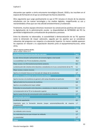 Capítulo 5
62
Área de Investigación - INFD
elocuentes que apelan a cierto entusiasmo tecnológico (Dussel, 2010) y las inscriben en el
espacio de formación en el que se constituyen los futuros docentes.
Otro argumento que surge positivamente es que el PCI renueva el vínculo de los jóvenes
estudiantes con las nuevas tecnologías y los medios digitales, resignificando su uso y
reorientándolo a fines que van más allá del entretenimiento y la diversión.
Finalmente, muchos equipos directivos reconocen las consecuencias positivas del avance en
la digitalización de la administración escolar. La disponibilidad de NETBOOKS del PCI ha
permitido la digitalización y virtualización de productos y procesos.
Entre los docentes no observados, la accesibilidad o democratización de las TIC aparece
como la dimensión de mayor valoración, seguida por los aportes que se consideran
relevantes del programa con respecto a la educación Superior. En menor medida aparecen
los aspectos en relación a la capacitación docente junto al equipamiento/recursos, entre
otros.
Tabla 8: Aspectos positivos del PCI.
Opción múltiple. Valores en %.
ACCESIBILIDAD/DEMOCRATIZACIÓN DEL RECURSO 64,4
Su valor democratizador (achicamiento de la brecha digital a nivel social) 35,6
La accesibilidad a las TIC de estudiantes y docentes 10,2
Mayor acceso a la información/conocimiento existente 8,5
La disminución del a brecha entre docentes y estudiantes en el uso y conocimiento de las TIC 5,1
Mayor acceso a nuevos recursos 3,4
Aporta a la inclusión futura en el mercado de trabajo de los estudiantes 1,7
APORTES A LA ENSEÑANZA EN LA EDUCACIÓN SUPERIOR 37,3
Aporta recursos a la enseñanza en general y del campo disciplinar en particular 16,9
Agiliza/moderniza los procesos de enseñanza 6,8
Aporta a una enseñanza de mayor calidad 5,1
Profundiza la comunicación entre docentes y estudiantes en relación al conocimiento 3,4
La incorporación de las TIC en la educación superior 3,4
Aporta nuevas formas de comunicación entre estudiantes y docentes 1,7
CAPACITACIÓN DOCENTE 10,2
La oferta de capacitación 8,5
Importante para la formación docente (mayor autonomía/desarrollo de mayores
competencias)
1,7
EQUIPAMIENTO/RECURSOS 10,2
Las netbooks como recurso 6,8
Los materiales/recursos que incluyen las netbooks 1,7
La conectividad 1,7
OTROS 13,6
 