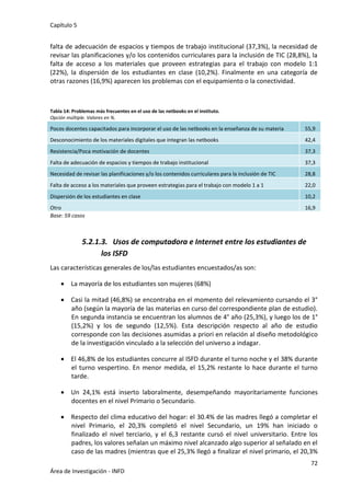 Capítulo 5
72
Área de Investigación - INFD
falta de adecuación de espacios y tiempos de trabajo institucional (37,3%), la necesidad de
revisar las planificaciones y/o los contenidos curriculares para la inclusión de TIC (28,8%), la
falta de acceso a los materiales que proveen estrategias para el trabajo con modelo 1:1
(22%), la dispersión de los estudiantes en clase (10,2%). Finalmente en una categoría de
otras razones (16,9%) aparecen los problemas con el equipamiento o la conectividad.
Tabla 14: Problemas más frecuentes en el uso de las netbooks en el instituto.
Opción múltiple. Valores en %.
Pocos docentes capacitados para incorporar el uso de las netbooks en la enseñanza de su materia 55,9
Desconocimiento de los materiales digitales que integran las netbooks 42,4
Resistencia/Poca motivación de docentes 37,3
Falta de adecuación de espacios y tiempos de trabajo institucional 37,3
Necesidad de revisar las planificaciones y/o los contenidos curriculares para la inclusión de TIC 28,8
Falta de acceso a los materiales que proveen estrategias para el trabajo con modelo 1 a 1 22,0
Dispersión de los estudiantes en clase 10,2
Otro 16,9
Base: 59 casos
5.2.1.3. Usos de computadora e Internet entre los estudiantes de
los ISFD
Las características generales de los/las estudiantes encuestados/as son:
 La mayoría de los estudiantes son mujeres (68%)
 Casi la mitad (46,8%) se encontraba en el momento del relevamiento cursando el 3°
año (según la mayoría de las materias en curso del correspondiente plan de estudio).
En segunda instancia se encuentran los alumnos de 4° año (25,3%), y luego los de 1°
(15,2%) y los de segundo (12,5%). Esta descripción respecto al año de estudio
corresponde con las decisiones asumidas a priori en relación al diseño metodológico
de la investigación vinculado a la selección del universo a indagar.
 El 46,8% de los estudiantes concurre al ISFD durante el turno noche y el 38% durante
el turno vespertino. En menor medida, el 15,2% restante lo hace durante el turno
tarde.
 Un 24,1% está inserto laboralmente, desempeñando mayoritariamente funciones
docentes en el nivel Primario o Secundario.
 Respecto del clima educativo del hogar: el 30.4% de las madres llegó a completar el
nivel Primario, el 20,3% completó el nivel Secundario, un 19% han iniciado o
finalizado el nivel terciario, y el 6,3 restante cursó el nivel universitario. Entre los
padres, los valores señalan un máximo nivel alcanzado algo superior al señalado en el
caso de las madres (mientras que el 25,3% llegó a finalizar el nivel primario, el 20,3%
 