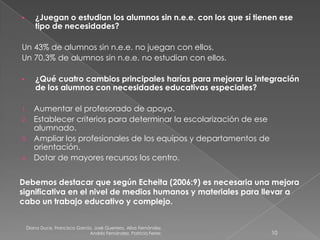  ¿Juegan o estudian los alumnos sin n.e.e. con los que sí tienen ese
tipo de necesidades?
Un 43% de alumnos sin n.e.e. no juegan con ellos.
Un 70,3% de alumnos sin n.e.e. no estudian con ellos.
 ¿Qué cuatro cambios principales harías para mejorar la integración
de los alumnos con necesidades educativas especiales?
1. Aumentar el profesorado de apoyo.
2. Establecer criterios para determinar la escolarización de ese
alumnado.
3. Ampliar los profesionales de los equipos y departamentos de
orientación.
4. Dotar de mayores recursos los centro.
Diana Duce, Francisco García, José Guerrero, Alba Fernández,
Andrés Fernández, Patricia Ferrer. 10
Debemos destacar que según Echeita (2006:9) es necesaria una mejora
significativa en el nivel de medios humanos y materiales para llevar a
cabo un trabajo educativo y complejo.
 