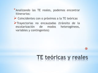 *
*Analizando las TE reales, podemos encontrar
itinerarios:
 Coincidentes con o próximos a la TE teóricas
Trayectorias no encauzadas (tránsito de la
escolarización de modos heterogéneos,
variables y contingentes)
 