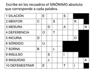 Escribe en los recuadros el SINÓNIMO absoluto
que corresponde a cada palabra.
1 DILACIÓN E S
2 MENTOR C S R
3 MESURA D A N
4 DEFERENCIA O T
5 INCURIA D O O
6 SÓRDIDO U
7 SORNA B L
8 INSULSO S I
9 INIQUIDAD J A
10 DEFENESTRAR E T I
 