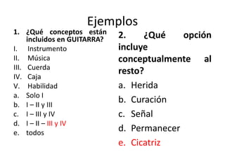Ejemplos
1. ¿Qué conceptos están
incluidos en GUITARRA?
I. Instrumento
II. Música
III. Cuerda
IV. Caja
V. Habilidad
a. Solo I
b. I – II y III
c. I – III y IV
d. I – II – III y IV
e. todos
2. ¿Qué opción
incluye
conceptualmente al
resto?
a. Herida
b. Curación
c. Señal
d. Permanecer
e. Cicatriz
 