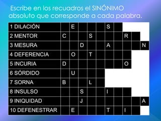 Escribe en los recuadros el SINÓNIMO 
absoluto que corresponde a cada palabra. 
1 DILACIÓN E S 
2 MENTOR C S R 
3 MESURA D A N 
4 DEFERENCIA O T 
5 INCURIA D O O 
6 SÓRDIDO U 
7 SORNA B L 
8 INSULSO S I 
9 INIQUIDAD J A 
10 DEFENESTRAR E T I 
