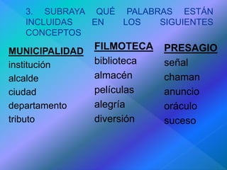 3. SUBRAYA QUÉ PALABRAS ESTÁN 
INCLUIDAS EN LOS SIGUIENTES 
CONCEPTOS 
MUNICIPALIDAD 
institución 
alcalde 
ciudad 
departamento 
tributo 
FILMOTECA 
biblioteca 
almacén 
películas 
alegría 
diversión 
PRESAGIO 
señal 
chaman 
anuncio 
oráculo 
suceso 
 