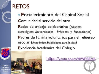 RETOS
 Fortalecimiento del Capital Social
Comunidad al servicio del otro
Redes de trabajo colaborativo (Alianzas
estratégicas: Universidades – Prácticas y Fundaciones)
Padres de Familia voluntarios para el refuerzo
escolar (Académico, Habilidades para la vida)
Excelencia Académica del Colegio
https://youtu.be/uvWBWR3Erp8
 