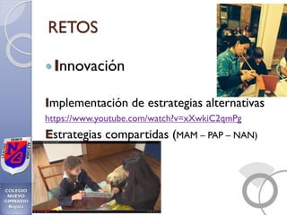 RETOS
Innovación
Implementación de estrategias alternativas
https://www.youtube.com/watch?v=xXwkiC2qmPg
Estrategias compartidas (MAM – PAP – NAN)
 