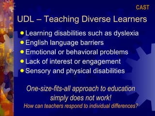 UDL – Teaching Diverse Learners Learning disabilities such as dyslexia  English language barriers  Emotional or behavioral problems  Lack of interest or engagement  Sensory and physical disabilities  One-size-fits-all approach to education  simply does not work!  How can teachers respond to individual differences?   CAST 