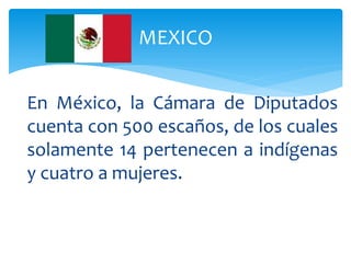En México, la Cámara de Diputados
cuenta con 500 escaños, de los cuales
solamente 14 pertenecen a indígenas
y cuatro a mujeres.
MEXICO
 