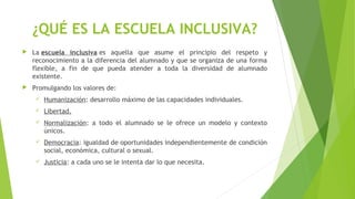 ¿QUÉ ES LA ESCUELA INCLUSIVA?
 La escuela inclusiva es aquella que asume el principio del respeto y
reconocimiento a la diferencia del alumnado y que se organiza de una forma
flexible, a fin de que pueda atender a toda la diversidad de alumnado
existente.
 Promulgando los valores de:
 Humanización: desarrollo máximo de las capacidades individuales.
 Libertad.
 Normalización: a todo el alumnado se le ofrece un modelo y contexto
únicos.
 Democracia: igualdad de oportunidades independientemente de condición
social, económica, cultural o sexual.
 Justicia: a cada uno se le intenta dar lo que necesita.
 