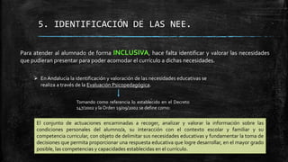 5. IDENTIFICACIÓN DE LAS NEE.
Para atender al alumnado de forma INCLUSIVA, hace falta identificar y valorar las necesidades
que pudieran presentar para poder acomodar el currículo a dichas necesidades.
 En Andalucía la identificación y valoración de las necesidades educativas se
realiza a través de la Evaluación Psicopedagógica.
Tomando como referencia lo establecido en el Decreto
147/2002 y la Orden 19/09/2002 se define como:
El conjunto de actuaciones encaminadas a recoger, analizar y valorar la información sobre las
condiciones personales del alumno/a, su interacción con el contexto escolar y familiar y su
competencia curricular, con objeto de delimitar sus necesidades educativas y fundamentar la toma de
decisiones que permita proporcionar una respuesta educativa que logre desarrollar, en el mayor grado
posible, las competencias y capacidades establecidas en el currículo.
 
