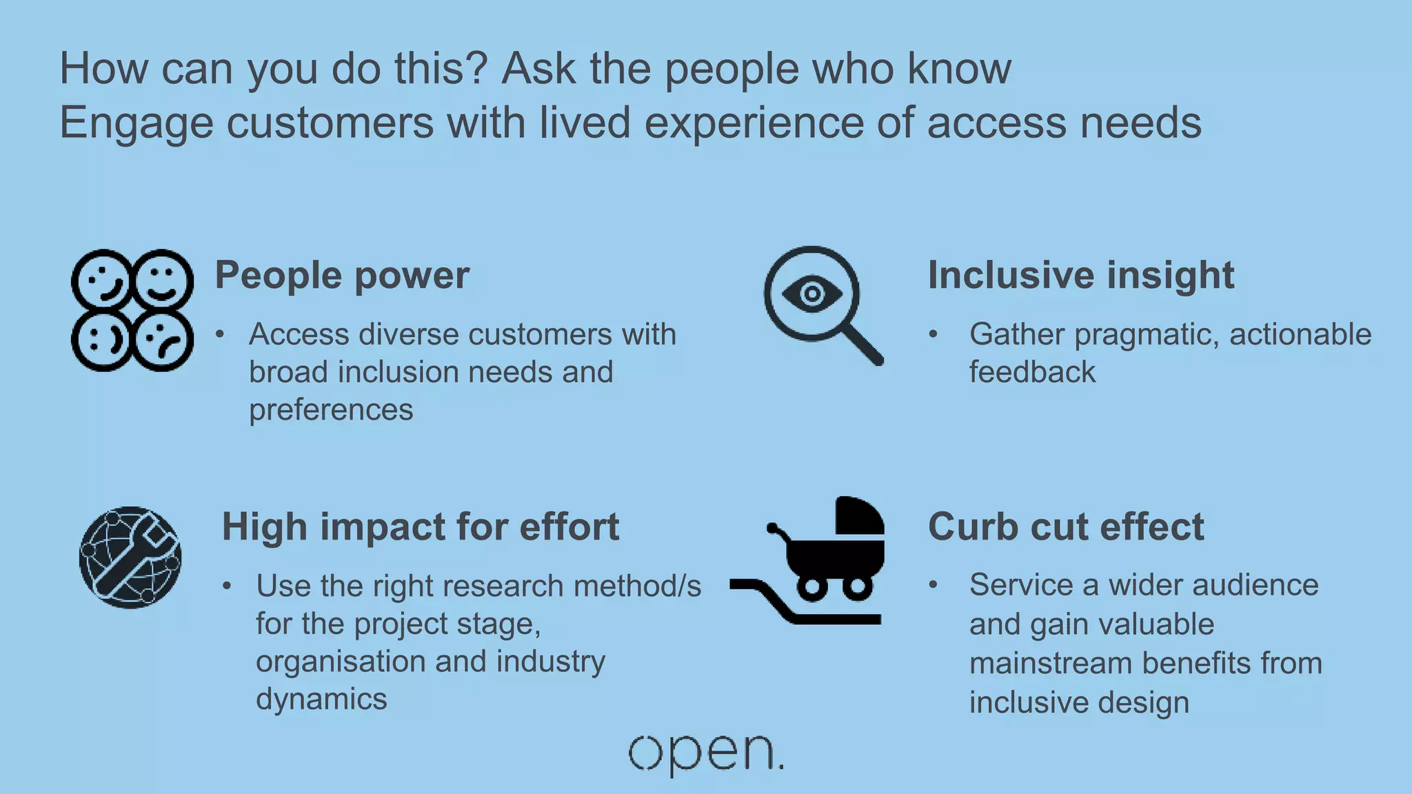 Curb cut effect
• Service a wider audience
and gain valuable
mainstream benefits from
inclusive design
Inclusive insight
• Gather pragmatic, actionable
feedback
High impact for effort
• Use the right research method/s
for the project stage,
organisation and industry
dynamics
People power
• Access diverse customers with
broad inclusion needs and
preferences
How can you do this? Ask the people who know
Engage customers with lived experience of access needs
 